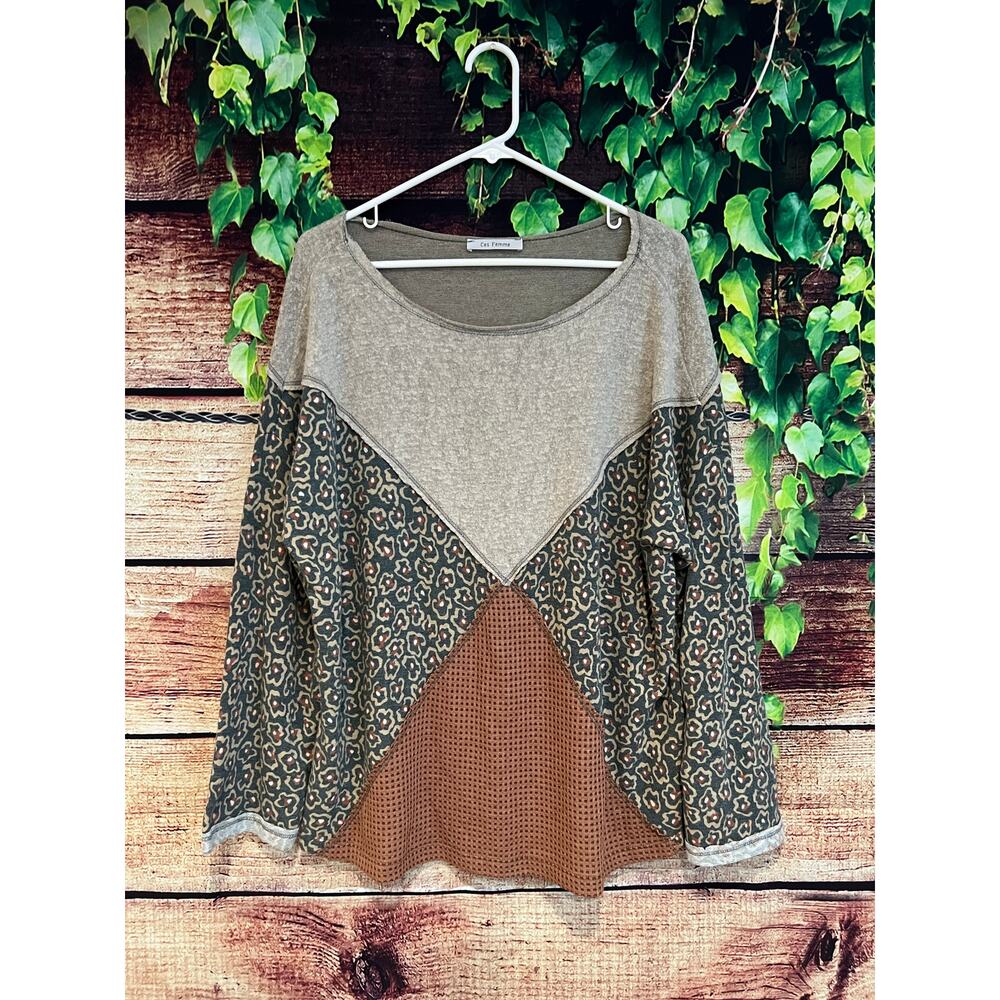 Ces Femme Light Weight Long Sleeve Colorblock Blouse Shirt Scoop Neck Women's XL